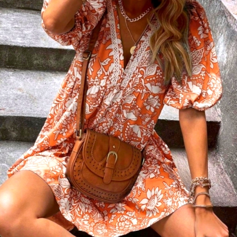 Floral print lace hemmed smock dress
